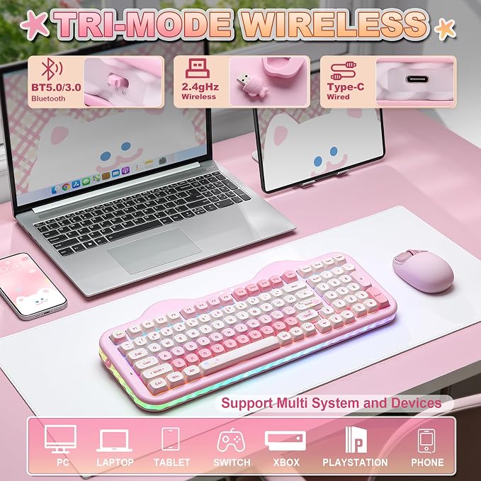YUNZII C98 Cute Cake Wireless Mechanical Keyboard(Pink, Candy Switch) | 99 Keys with Number Pad, Hot Swap, PBT MOA Keycaps, BT5.0/2.4G/USB-C, Gasket Mount, Custom RGB Backlit for Win/Mac