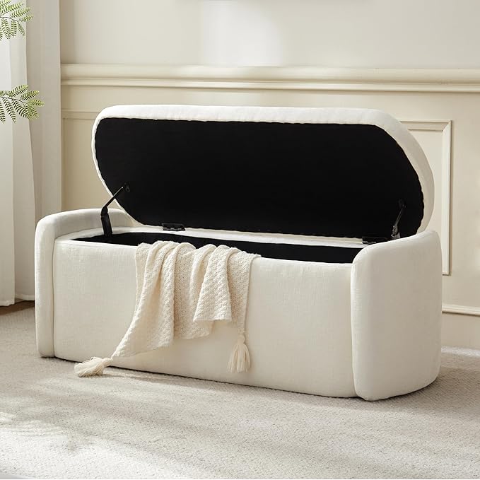 VKNOW 46" Oval Storage Ottoman Bench, Upholstered End of Bed Bench Ottomans Bench Foot Rest, Sherpa Storage Bench for Bedroom, Living Room and Hallway, Beige