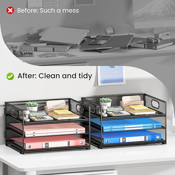 Subekyu 2-Pack 3-Tier Paper Letter Tray Organizer for Desk, Black Metal Mesh File Sorter Organizer with Handle and 1 PC Sliding Tray for Home Office School Desk Supplies Organization Storage