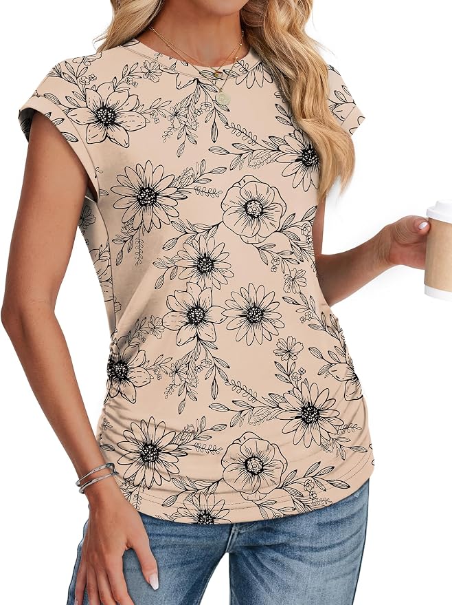 Sampeel Womens Summer Tops Trendy 2026 Ruched Cap Short Sleeve Tshirts Shirts Crew Neck T Shirts Fashion
