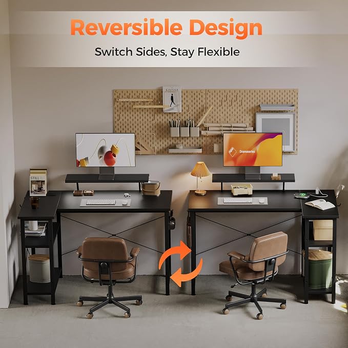 Mericonia 48 in Corner Desk with Monitor Stand, Small L Shaped Gaming Desk | Reversible Computer Desk with Power Outlets, LED Light & Storage Shelves, Office Table for Home Bedroom Study Work Writing