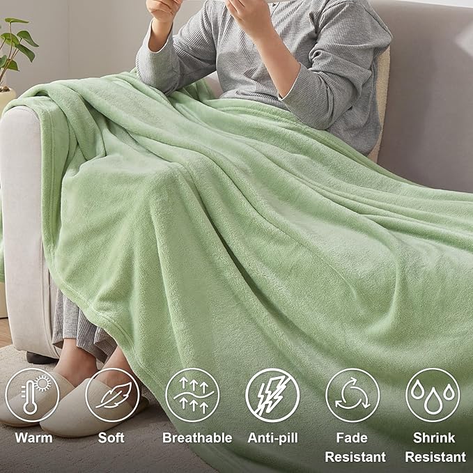 Hansleep King Sage Green Fleece Blanket, Soft Flannel Bed Blanket | Fuzzy Cozy Blanket 90x108 Inches, Multi-use for Bed, Sofa, Couch, Travel, Camping, All Season Warm Lightweight Cover