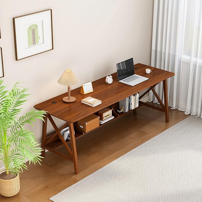 NELYE Extra Long Writing Desk with Bookshelf, 71" Wx24 Dx30 H, Walnut | Wooden Home Office Work Study Table, Computer Gaming Workstation with Storage Shelf, Sturdy MDF Resists Wobble