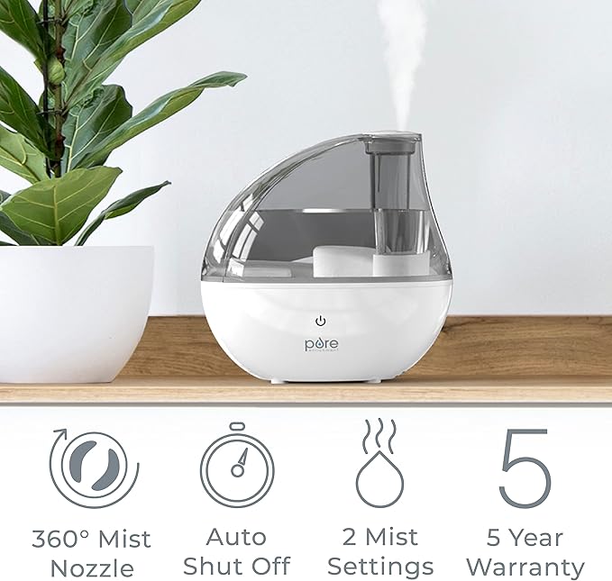 Pure Enrichment MistAire Silver Ultrasonic Cool Mist Humidifier for Bedroom, Office, Nursery & Indoor Plants - Lasts Up to 25 Hours, Whisper-Quiet Operation, Optional Night Light, & Auto Shut-Off