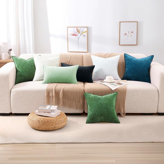 decorUhome Chenille Sage Green Velvet Throw Pillow Covers 26x26 Set of 2 | Fall Soft Euro Sham Couch Decorative Modern Farmhouse Pillow Cases with Elegant Design for Sofa Bed Living Room Home Decor