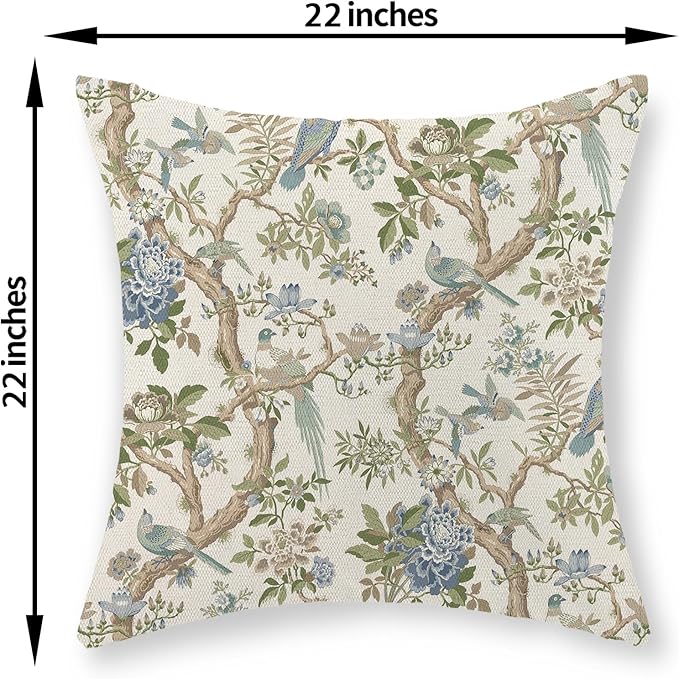 Blue Green Floral Bird Pillow Covers 22x22 Set of 2 Chinoiserie Throw Pillows Green Vintage Flowers Bird Decorative Pillow Cases Outdoor Chinoiserie Decor Farmhouse Cushion Case for Couch Sofa