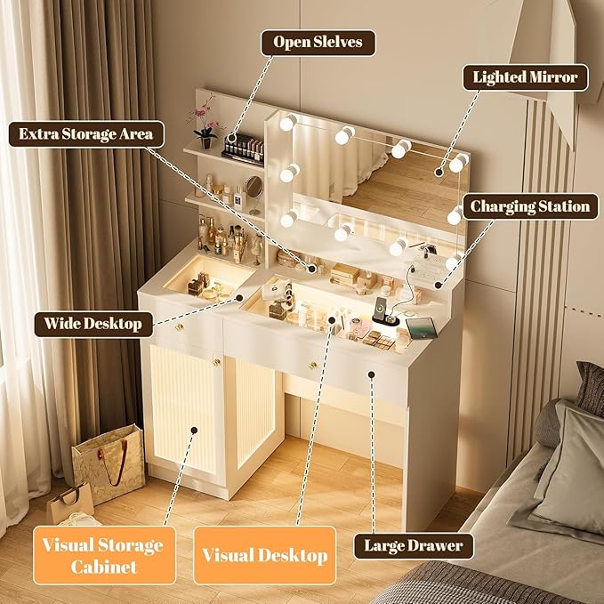 Makeup Vanity Desk with Mirror and Lights, Modern Glass Top Makeup Desk Set with Power Outlet, Drawers and Cabinet, 3 Lighting Color Adjustable Dressing Table for Bedroom