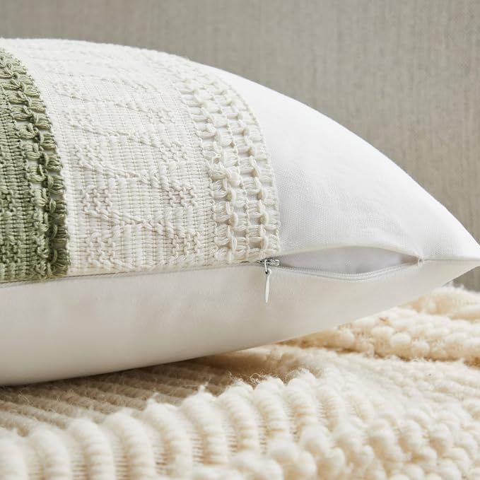 2pk Boho Pillow Covers 16x16, Natural White/Contrast/Green | 100% Organic Cotton Body, Stripe Embroidery, Farmhouse Decorative Cushion Covers for Sofa Bed Living Room Home Decor