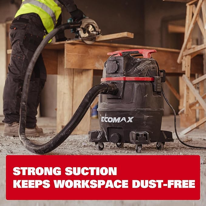 ECOMAX Dust Extractor & Shop Vac 2-in-1, Semi-Automatic Filter Clean, HEPA Filter, 8 Gallon 6.5 HP Wet Dry Vacuum, Anti-Static Hose, Dust-Full Indicator, for Woodworking, Workshop and Garage