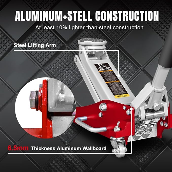 Big RED 1.5 Ton Floor Jack,Aluminum and Steel Hydraulic Low Profile Car Jack with Dual Piston Quick Lift Pump,Lightweight Racing Floor Jack for Vehicle,3,000 lb Capacity,Red,TAM815016LR