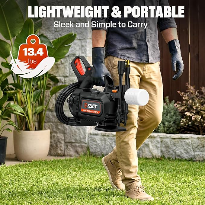 SENIX 1100 PSI Electric Pressure Washer with Foam Cannon - Compact Power Washer for Cars, Driveways, Patios & Outdoor Cleaning - Includes 15° Nozzle, Turbo Nozzle, Spray Gun, 20 ft Hose & 35 ft Cord