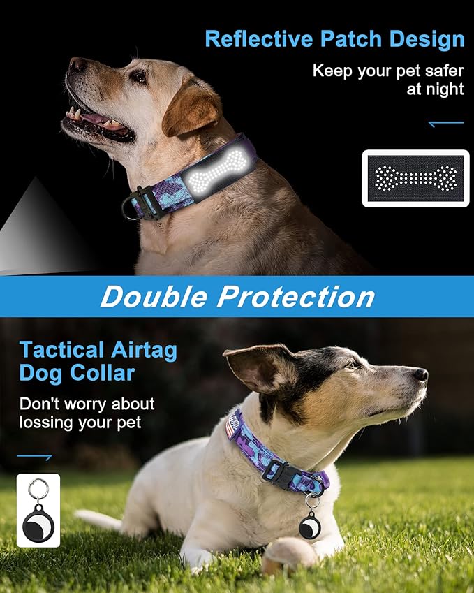 Hotsky Tactical Dog Collar and Leash Set, Heavy Duty Military Airtag Dog Collar with Handle and Metal Buckle for Training and Walking, with Airtag Holder and Two Patches (Purple Camo, M)