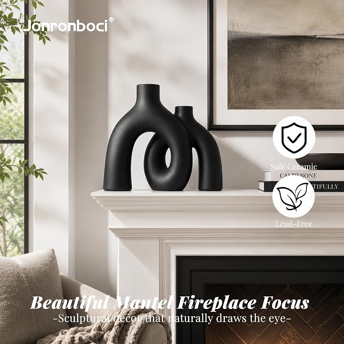 Matte Black Vase Set - Hug Hollow Donut Aesthetic Ceramic Vases Home Decor, Modern Nordic Minimalist Decorative Vase for Table Centerpiece Bookshelf Office Entryway Console Fireplace (Black)