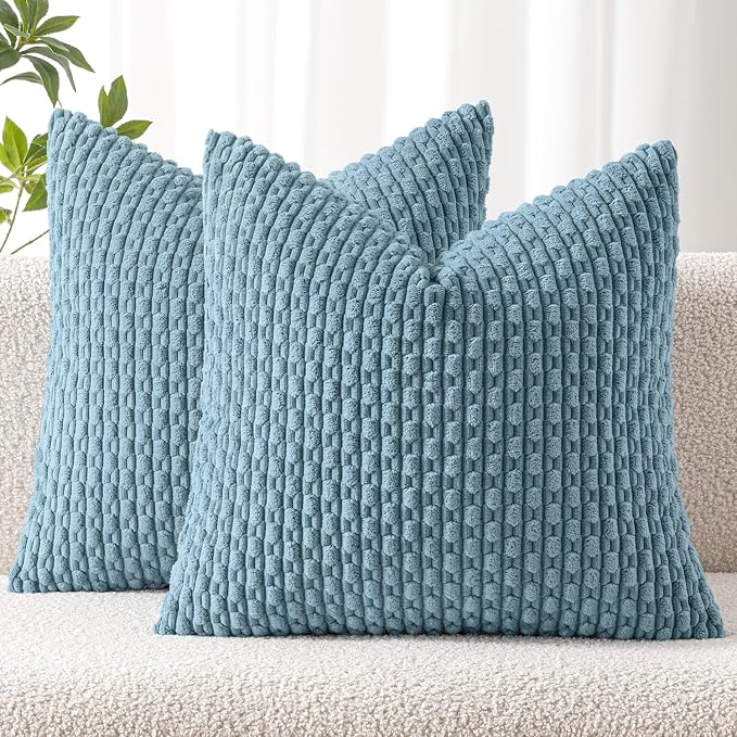 MIULEE Decorative Throw Pillow Covers 20x20 Blue Grey Textured Corduroy | Pack of 2 Striped Pillow Covers Modern Farmhouse Coastal Home Decor for Couch Bed Sofa Living Room