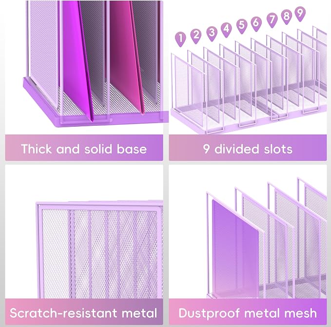 9-Section Desk File Organizer, Vertical File Holder, Mesh Desktop File Folder Metal File Organizer Stand for Office Home Classroom, Purple