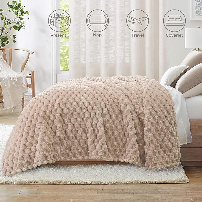 Whale Flotilla Soft Fleece Twin Size Bed Blanket Luxury 3D Jacquard, Camel | Lightweight Coverlet Bedspread, Super Cozy Plush Fluffy Fuzzy All‑Season Decorative Blanket for Bed, Dorm Essentials, 60"x80"