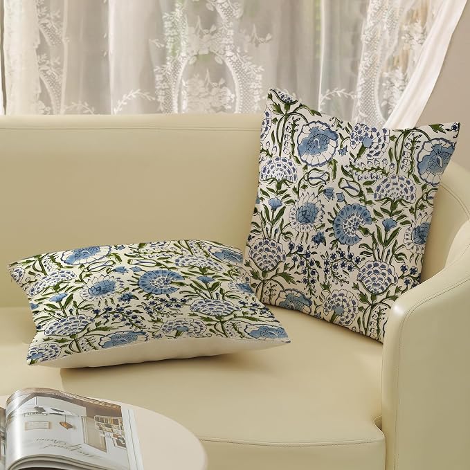 Boho Navy Blue Pillow Covers 20x20 Inch Set of 2 Blue Sage Green Floral Throw Pillows Vintage Flower Outdoor Decorative Pillow Cases Farmhouse Linen Cushion Cover Decor for Couch Sofa Decor