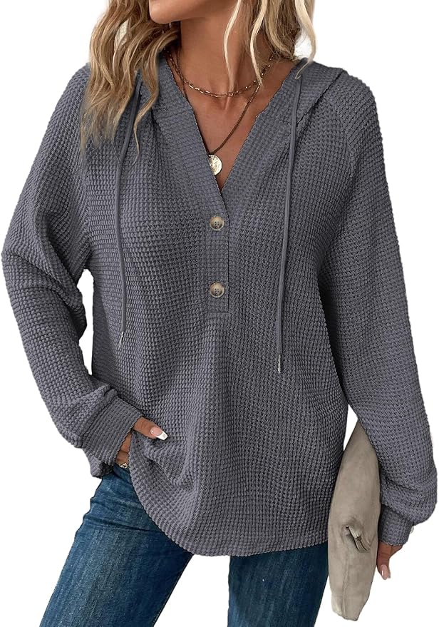 Dokotoo Hoodies for Women Waffle Knit Long Sleeve Drawstring Button V Neck Casual Sweatshirt Hooded Tops Fashion Clothing