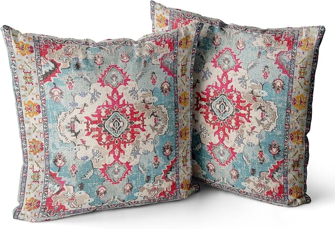 Snycler Boho Throw Pillow Covers 24x24 inch Set of 2 Boho Rug Carpet Double Sided Pattern Cotton Soft Pillow Case Cushion Cover Pillowcase for Couch Sofa Bed Decorative (Rose Red)
