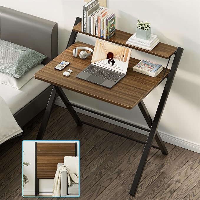 GreenForest Folding Desk No Assembly, Sturdy Computer Desk for Small Spaces | Portable Foldable Table for Laptop, 2-Tier Compact with Shelf, Space Saving for Home Office, Dorm, Apartment, 24"x 30" Walnut