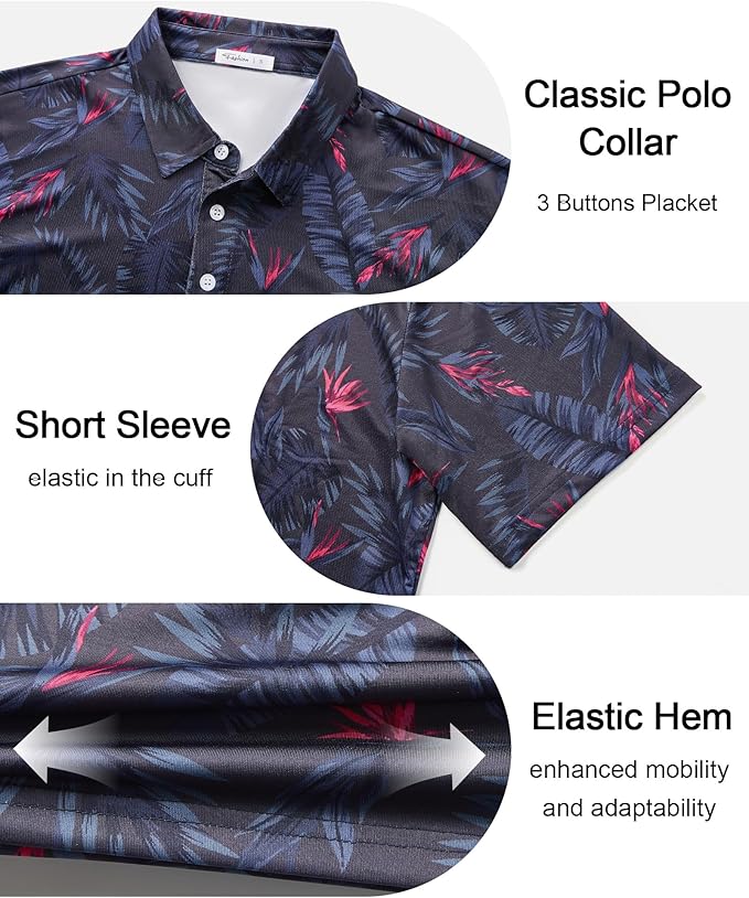 zeetoo Men's Polo Shirts Hawaiian Golf Polos Shirts Short Sleeve Performance Moisture Wicking Mens Golf Shirts