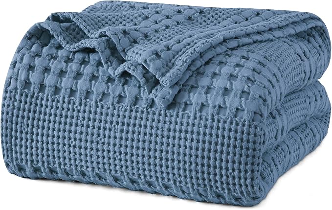 PHF 100% Cotton Waffle Weave Blanket Queen Size, Lightweight Breathable Summer Blanket for Hot Sleepers, Pre-Washed Soft Layer for Bed, Couch, Aesthetic Home Decor & Gift, 90"x90", Denim Blue