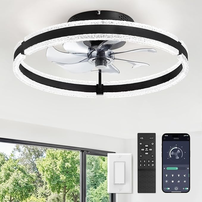 LEDIARY Ceiling Fans with Lights and Remote, 20'' Low Profile Ceiling Fan with Light, 3000-6000K Dimmable Fandelier Ceiling Fans, Modern Flush Mount Fan Light for Bedroom with 6 Wind Speeds- Black