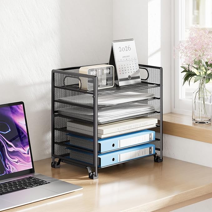 Simple Trending 6-Tier Paper Tray Organizer, File Organizer for Desk, Black | Letter Tray Holder with Handle. Sturdy Metal Frame. Non-slip Feet. Black for Office Home School. 13.35"L x 9.35"W x 15.6"H