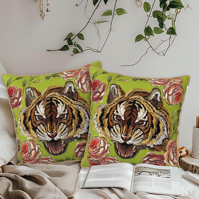 Tiger Flower Green Velvet Pillow Covers 18x18 Inch Pink Floral Animal Throw Pillows for Couch Cushion Covers Pillowcase Farmhouse Modern Pillow Cases for Sofa Bed Living Room Bedroom