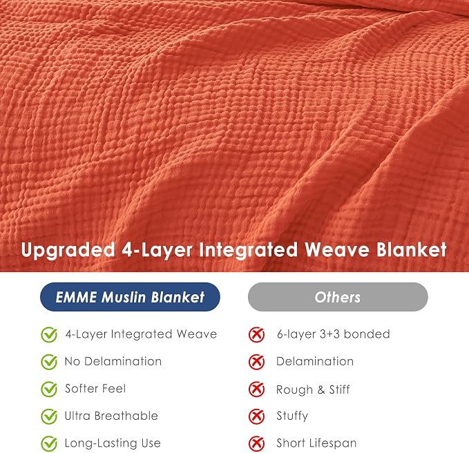 EMME Cotton Muslin Queen Blanket Bed Layering Bedspread Coverlet Breathable Gauze Soft Lightweight Adults (Heather Orange Rust, 90"x90")