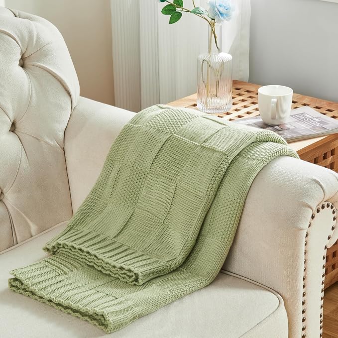CozeCube Sage Green Knitted Checkered Throw Blanket 60"X80" | Check Knit Throw for Couch, Decorative Christmas Soft Cozy Warm Blanket for Bed Sofa Living Room