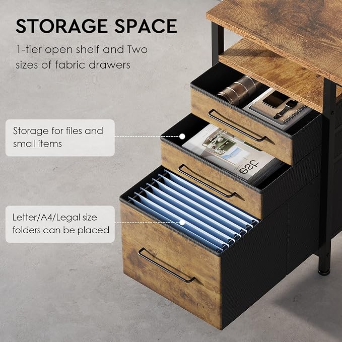 Maihail Small Desk with Drawers, Office Desk with Storage Shelves, Brown2 | 59 Inch Desktop, Metal Frame, 3 Fabric Drawers, Storage Shelves, Computer & Writing Desk, Office Gaming Workstation