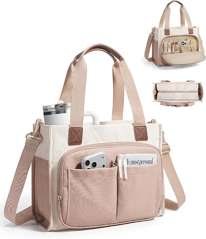 BAGSMART Small Tote Bag for Women, 13'' Laptop Canvas Work Bag with Zipper | 30oz/40oz Tumble & 11 Pockets Travel Tote, Teachers/Nurses, Lightweight Canvas or Water-Resistant Puffer Taslon Crossbody Bag