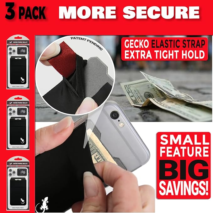 Gecko Travel Tech Double Pocket - Adhesive Card Holder - Cell Phone Pouch - Stick on Spandex Pocket - Carry Credit Cards and Cash (3 PACK - BLACK WHITE)