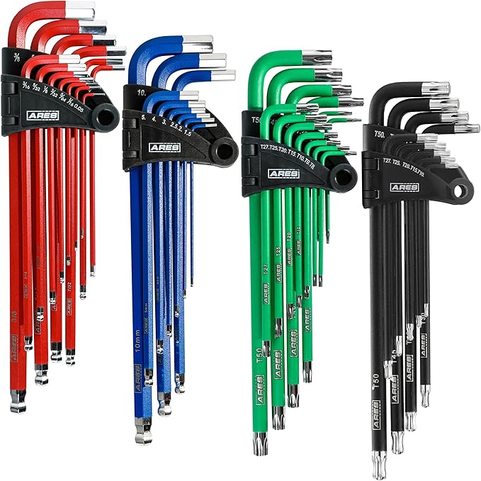 ARES 44036 – 44-Piece Hex Key Set – Combo Key Wrench Set Includes SAE, Metric, Torx, and Torx Ball End Wrenches – High Visibility Anti-Slip Coating – Storage Cases Included