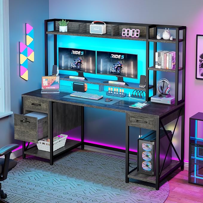 DWVO Computer Desk with Drawers & Hutch, 59.1" Office Desk with Power Outlets & LED Lights, Home Office Desk with Storage Shelves, Grey | Built-In Power Outlets, Led Lights, Hutch Shelves, Storage Drawers, for Home Office Work Study, Easy Assembly