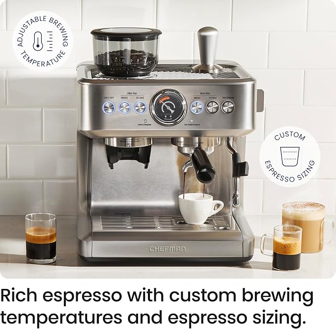 Chefman Crema Supreme 15 Bar Espresso Machine with Milk Frother, Barista Steam Wand, Professional Coffee Maker with Coffee Grinder, 30 Grind Settings, 3L Removable Water Tank - Stainless Steel