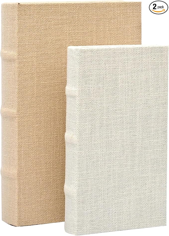 DECOR4SEASON Decorative Faux Book Storage Boxes Set of 2, Linen Fabric Textured Books, Off White, Modern Minimalist Home Decor, Bookshelf Accents for Coffee Table