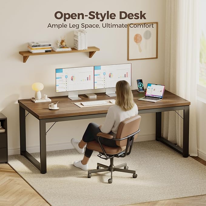 Mericonia 54 Inch Computer Desk with Power Outlets, 1.2" Thick Office Table | Modern Simple Style, Heavy Duty Industrial Frame, Study & Writing Table for Home Bedroom Work, Walnut