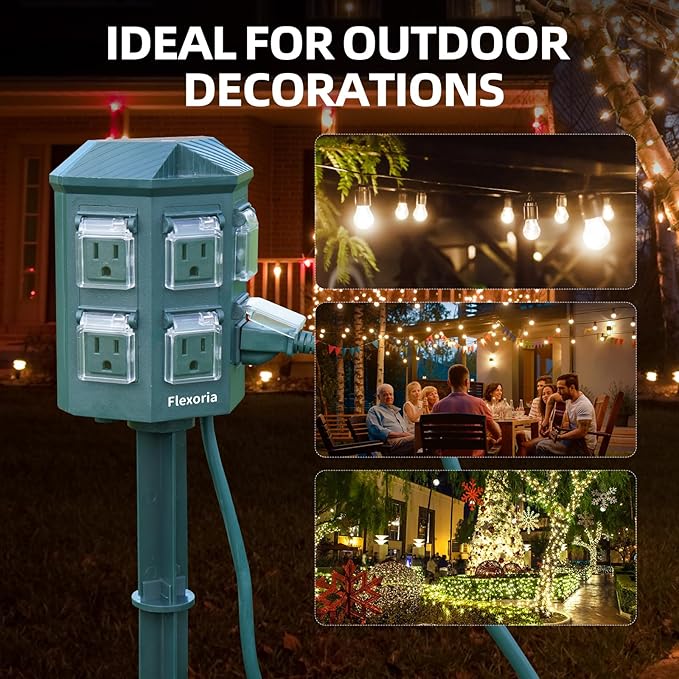 Flexora Outdoor Power Strip with 24-Hour Mechanical Timer, 50 FT Extension Cord Waterproof, 6 Grounded Outlets for Graden and Yard Decorations, ETL Listed