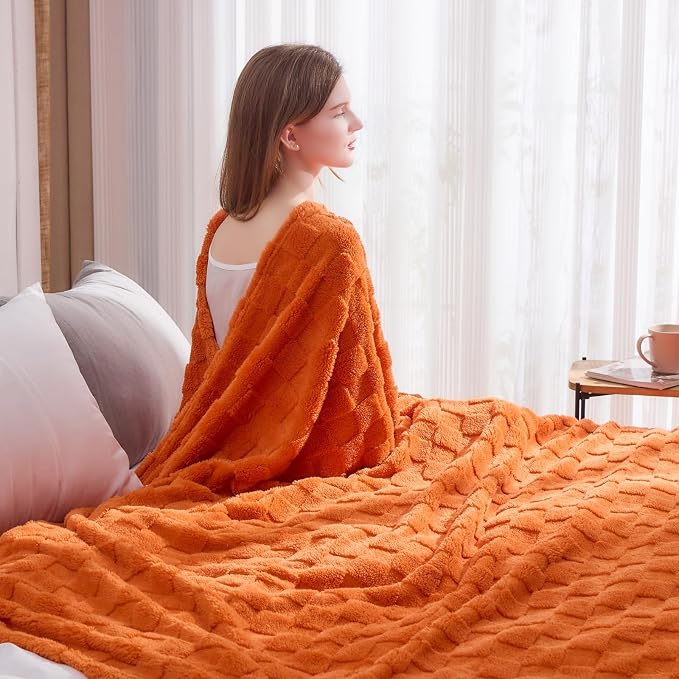 NEWCOSPLAY 3D Checkered Flannel Queen Blanket, Orange Checkered, 90"x90" | Super Soft Cute Lightweight Decorative Premium Silky Fleece Blanket for Couch Sofa Bed, Gift for Women Men, All Season Use
