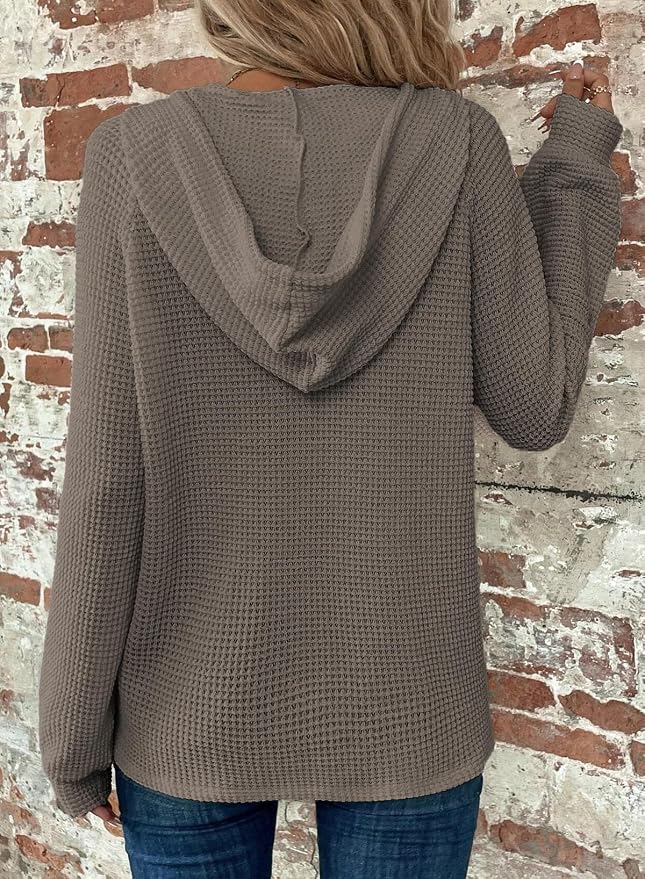 Dokotoo Hoodies for Women Waffle Knit Long Sleeve Drawstring Button V Neck Casual Sweatshirt Hooded Tops Fashion Clothing