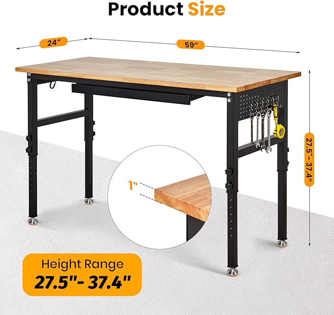 60" Adjustable Workbench with Drawer, 2000 LBS Heavy Duty Work Bench with Power Outlet and Fixed Legs, Sturdy Steel Frame with Rubber Wood Top, Work Table for Garage, Office, Home, Commercial