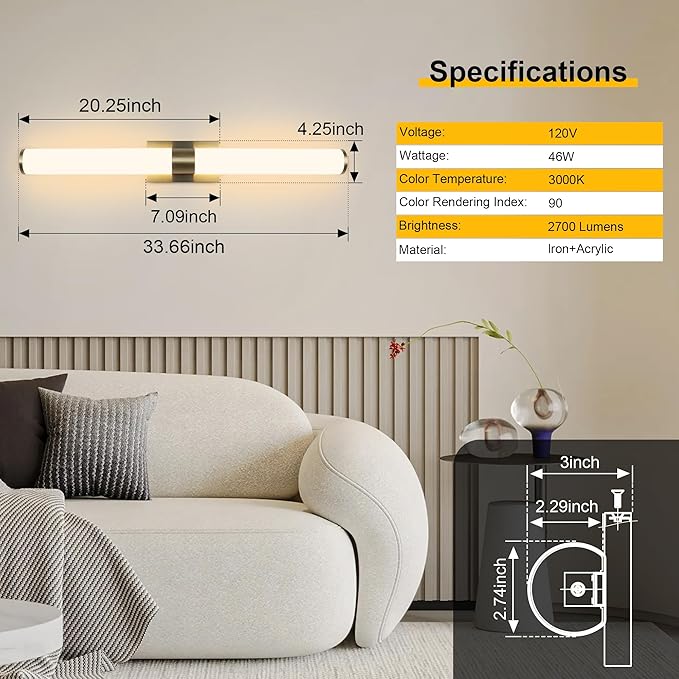 Kalium 33in Modern Wall Sconces, Dimmable Bathroom Vanity Lights, 3000K Warm White LED Indoor Sconces Lighting for Bathroom, Stairs, Living Room, Bedroom. Hardwired.