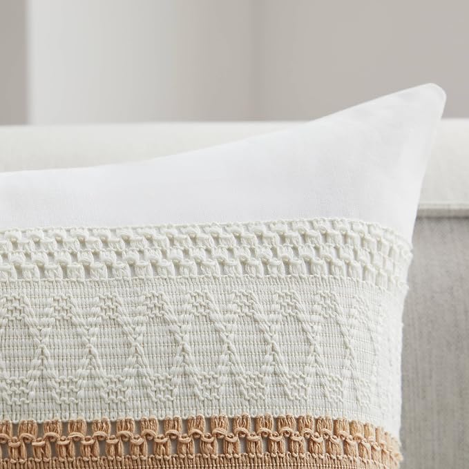 2pk Boho Pillow Covers 18x18, Natural White/Contrast/Beige | 100% Organic Cotton Body, Stripe Embroidery, Farmhouse Decorative Cushion Covers for Sofa Bed Living Room Home Decor
