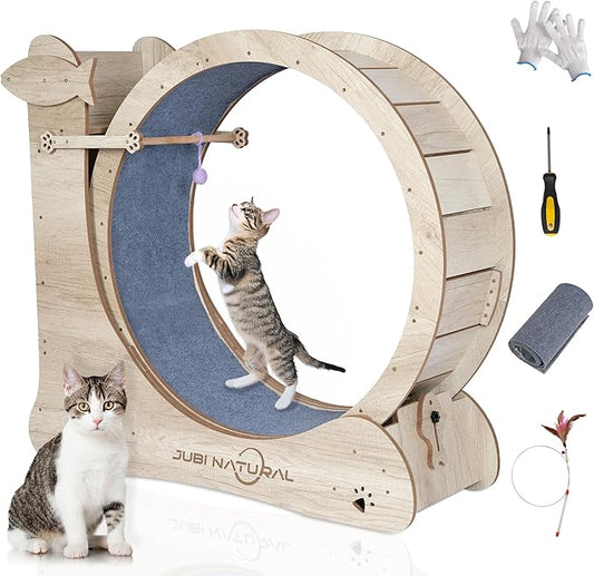 Cat Exercise Wheel, 35.9" Cat Running Wheels for Indoor Cats with with Locking Mechanism, Cats Treadmill Wheels with Scratching Board and Teaser Toy, Cat's Weight Loss and Health