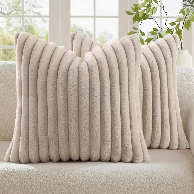 decorUhome Fall Faux Fur Throw Pillow Covers 20x20 Set of 2 Tan | Decorative Soft Cozy Striped Plush Modern Farmhouse Boho Couch Pillow Cases Velvet Back for Sofa Bed Living Room Home Decor