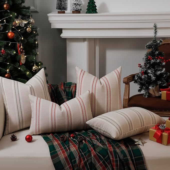 Hckot Christmas Pillow Covers 18x18 Set of 2 Winter Decorative Pillows Red | Striped Linen Throw Pillow Covers Square Cushion Covers for Sofa Couch Bed Living Room Xmas Decorations(Red)