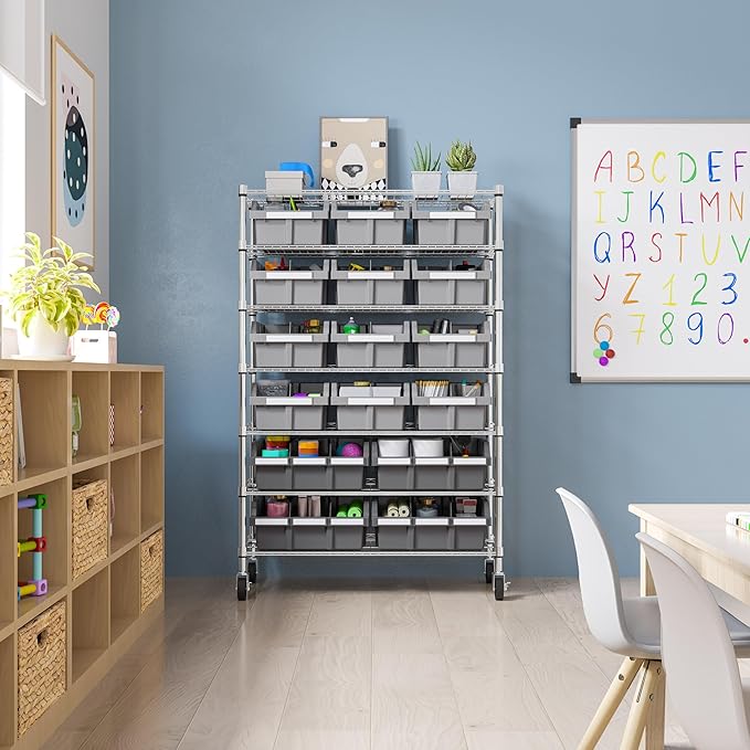 Seville Classics Heavy Duty NSF Bin Rack Solid Steel Wire Shelving Storage Unit, Patented Organizer for Garage, Warehouse, Office, Restaurant, Classroom, Kitchen, Gray, Includes 16 Bins