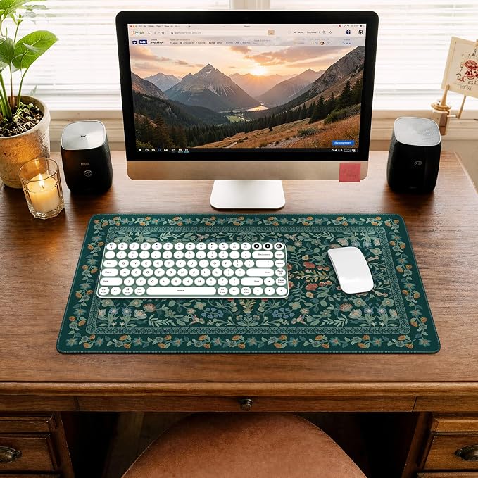 iCasso Aesthetic Flower Mouse Pad,23.6x13.7in,Deep Green | Vintage Desk Matt for Desktop, Anti-Slip Mousepad with Stitched Edges for Laptop Computer Keyboard